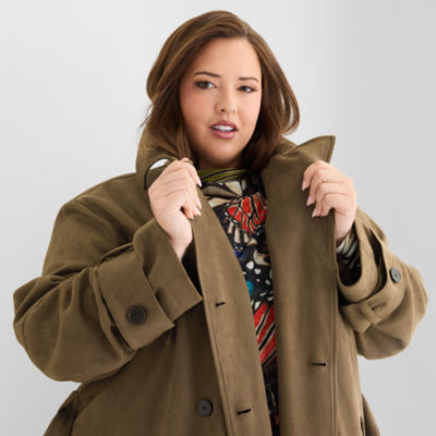 Ashley Graham Womens Plus Faux Suede Trench Coat