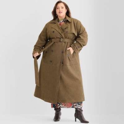 Ashley Graham Womens Plus Faux Suede Trench Coat