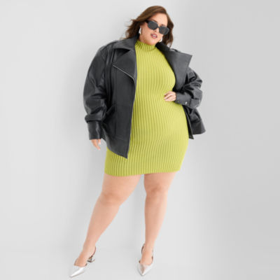 Ashley Graham Womens Plus Faux Leather Midweight Motorcycle Jacket