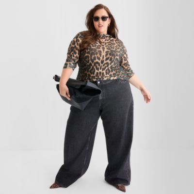 Ashley Graham Slouchy Womens Plus High Rise Wide Leg Jean