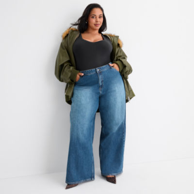 Ashley Graham Slouchy Womens Plus High Rise Wide Leg Jean