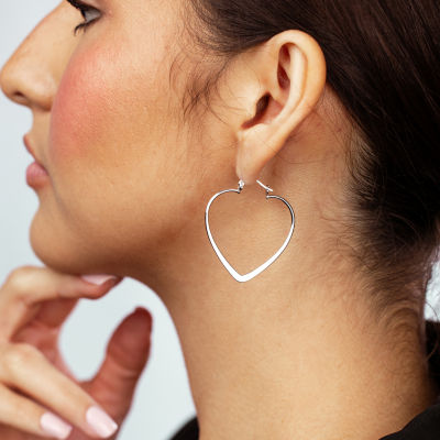 Silver Treasures Flat Womens Sterling Silver 40mm Heart Hoop Earrings