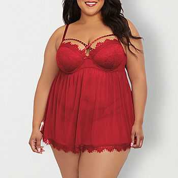 Dreamgirl Plus Eyelash Lace and Mesh Babydoll Set - 12378X, Color: Garnet  Red - JCPenney