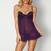 Dreamgirl Eyelash Lace & Mesh Babydoll & Thong Set - 12467, Color: Plum -  JCPenney