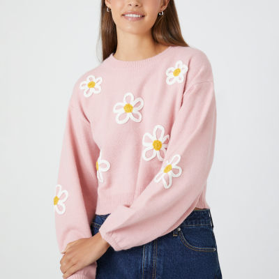 Forever 21 Juniors Flowers Aop Sweater Womens Crew Neck Long Sleeve Floral  Pullover Sweater, Color: Pink-multi - JCPenney