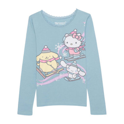 Little & Big Girls Lace Trim Round Neck Long Sleeve Hello Kitty Graphic T-Shirt