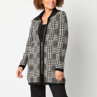 Black Label by Evan-Picone Plaid Womens Long Sleeve Zipper Cardigan