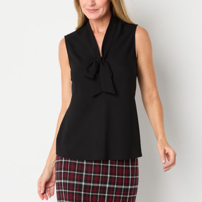 Black Label by Evan-Picone Womens Split Tie Neck Sleeveless Blouse