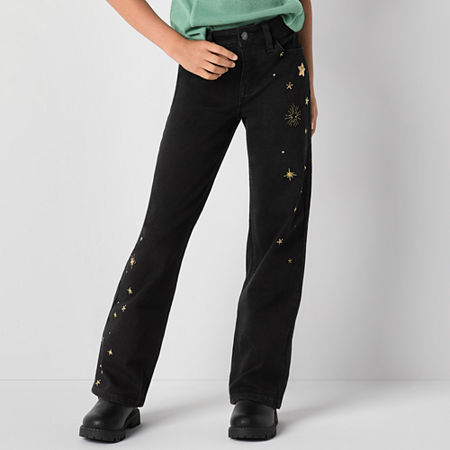 Thereabouts Little & Big Girls Star Embellished Wide Leg Jean, 6, Black