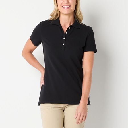 St. John's Bay Womens Short Sleeve Polo Shirt, Petite Large, Black