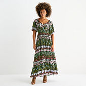 Melonie T Womens Short Sleeve Floral Maxi Dress, Color: Ecru Wine