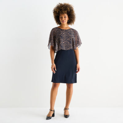 Connected Apparel Womens Short Sleeve Floral Overlay Sheath Dress