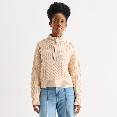 Arizona Juniors Womens Mock Neck Long Sleeve Cable Knit Pullover Sweater