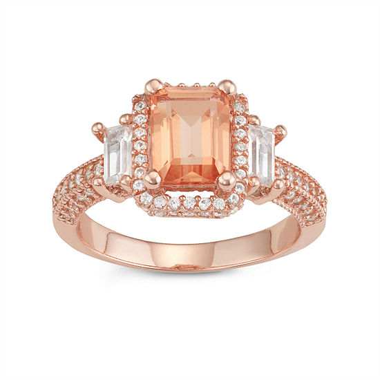 Womens Simulated Pink Morganite 14K Rose Gold Over Silver Side Stone Cocktail Ring