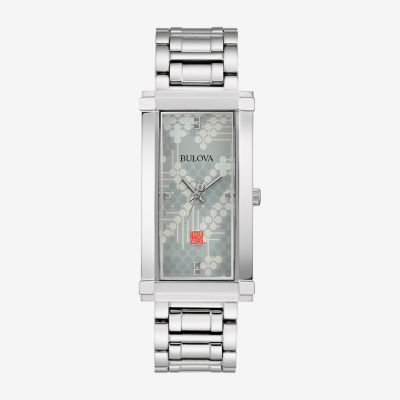 Bulova Frank Lloyd Wright Pattern #106 Womens Silver Tone Stainless Steel Bracelet Watch 96l286