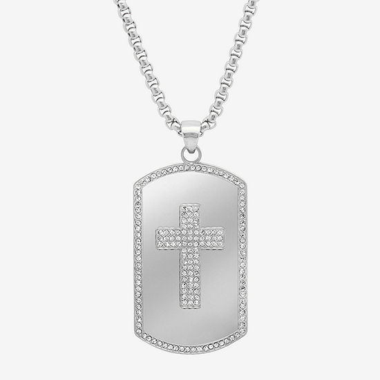 Steeltime Mens White Cubic Zirconia Stainless Steel Dog Tag Pendant Necklace