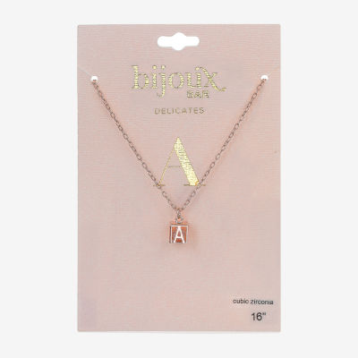 Bijoux Bar Delicates Rose Tone Initial Cubic Zirconia 16 Inch Link Cube Pendant Necklace