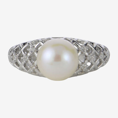 Womens 8.5MM White Cultured Freshwater Pearl Sterling Silver Cocktail Ring