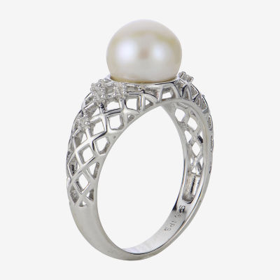 Womens 8.5MM White Cultured Freshwater Pearl Sterling Silver Cocktail Ring