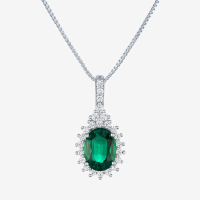 Womens Lab Created Green Emerald Sterling Silver Pendant Necklace