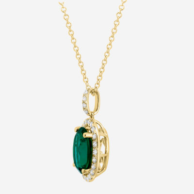 Effy  Womens 1/3 CT. T.W. Lab Created Green Emerald 14K Gold Oval Pendant Necklace