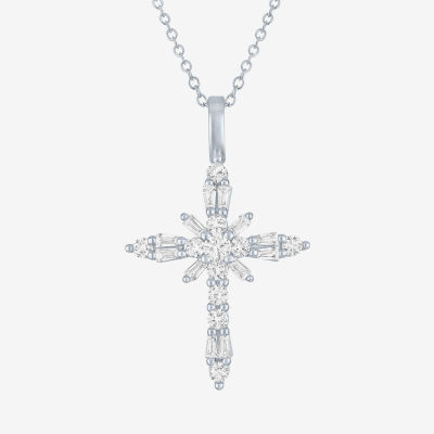 Yes, Please! Womens Lab Created White Sapphire Sterling Silver Cross Pendant Necklace