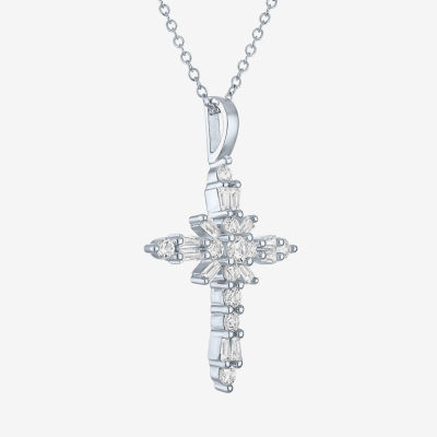 Yes, Please! Womens Lab Created White Sapphire Sterling Silver Cross Pendant Necklace