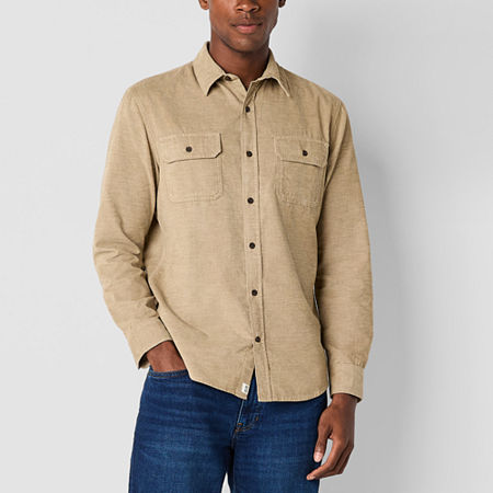 Mutual Weave Mens Long Sleeve Button-Down Corduroy Shirt, Medium, Beige