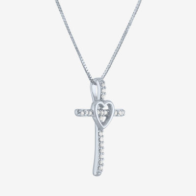 Womens Diamond Accent Natural White Diamond 10K White Gold Cross 18 Inch Pendant Necklace