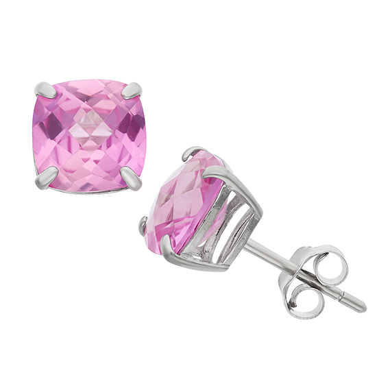 Cushion Lab-Created Pink Sapphire Sterling Silver Stud Earrings