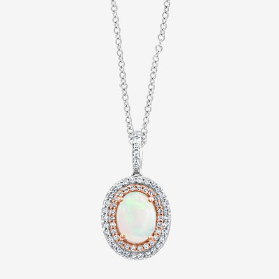 Effy Womens 1/5 CT. T.W. Diamond & Genuine White Opal 14K White Gold Pendant Necklace