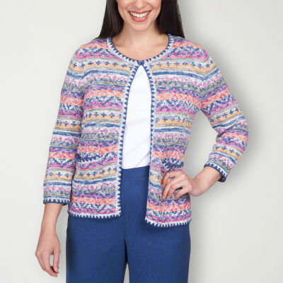 Alfred Dunner Chelsea Market Womens 3/4 Sleeve Open Front Striped Cardigan,  Color: Hthr Cadet Multi - JCPenney