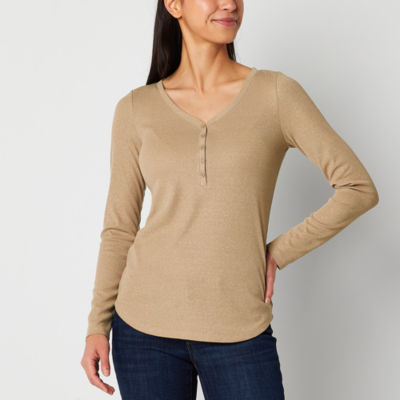 a.n.a Womens Ribbed Henley Neck Long Sleeve TShirt JCPenney