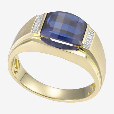 Mens Lab-Created Blue Sapphire & Diamond-Accent 10K Yellow Gold Ring