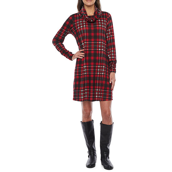 R & K Originals Long Sleeve Plaid Shift Dress with Removable Scarf ...