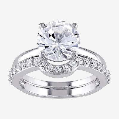 Modern Bride Gemstone Womens Lab Created White Sapphire 10K White Gold Round Bridal Set