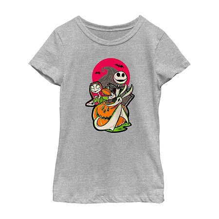 Disney Collection Little & Big Girls Crew Neck Short Sleeve Nightmare Before Christmas Graphic T-Shirt, X-small, Gray