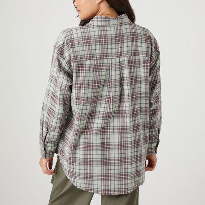 Forever 21 Juniors Flower Plaid Womens Long Sleeve Oversized Button-Down Shirt