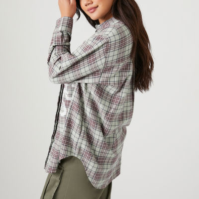 Forever 21 Juniors Flower Plaid Womens Long Sleeve Oversized Button-Down Shirt