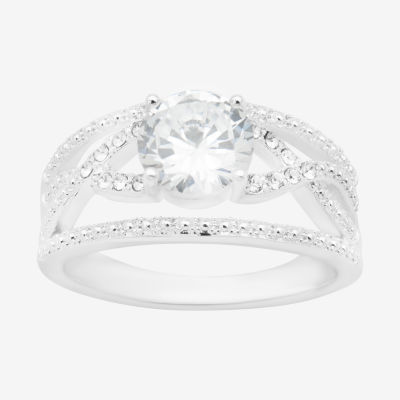 Sparkle Allure Split Shank Womens Cubic Zirconia Pure Silver Over Brass Round Engagement Ring