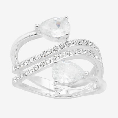 Sparkle Allure Bypass Double Wrap Cubic Zirconia Pure Silver Over Brass Pear  Crossover Cocktail Ring