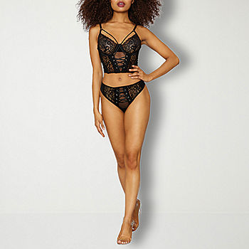 Dreamgirl Rib knit sleepwear bralette and thong set with ruffled lace