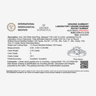 Grown Gorgeous (F, Vs2) Womens 4 7/8 Ct. T.W. Lab Grown White Diamond 14K Gold or Platinum Round Side Stone 5-Stone Engagement Ring