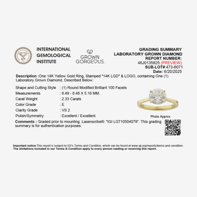 Grown Gorgeous (F,Vs2) Womens 2 1/4 CT. T.W. Lab White Diamond 14K Gold or Platinum Round Solitaire Engagement Ring