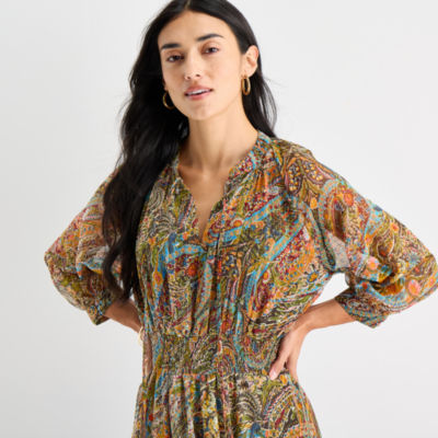 Sam And Jess Womens 3/4 Sleeve Floral Fit + Flare Dress