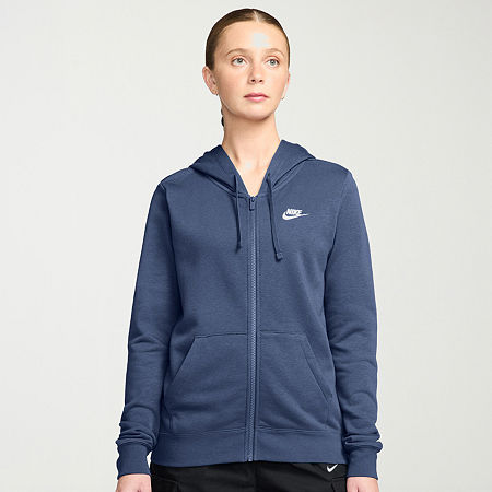 Nike Club Womens Long Sleeve Fleece Zipper Active Hoodie, Small, Blue