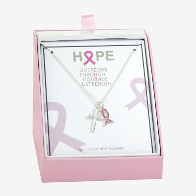 Sparkle Allure Breast Cancer Awareness Womens Pink Cubic Zirconia Pure Silver Over Brass Cross 16 Inch Pendant Necklace