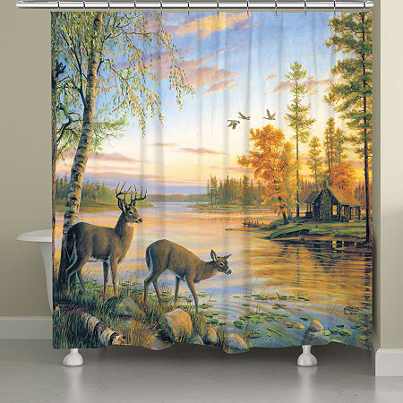 Laural Home Deer On Sunset Lake Shower Curtain, One Size, Green