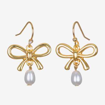 Bijoux Bar Delicates Gold Tone Simulated Pearl Bow Drop Earrings