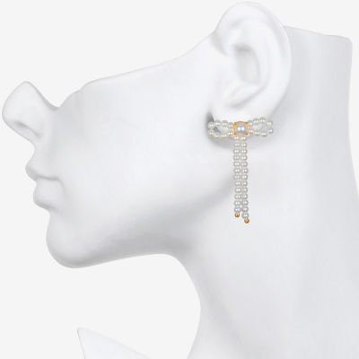 Bijoux Bar Delicates Gold Tone Womens Simulated Pearl Bow Drop Earrings